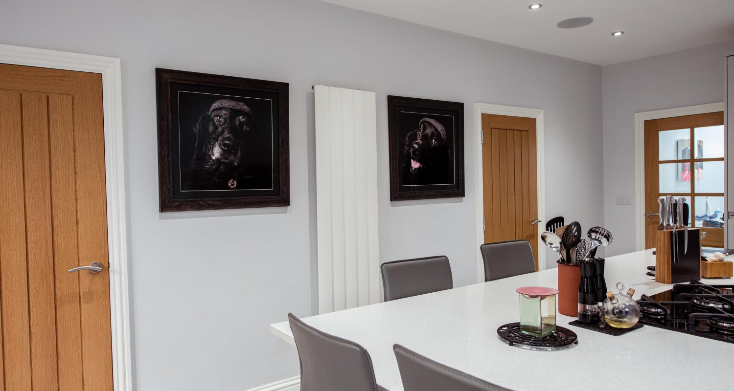A photo of a dog printed and framed in a black frame
